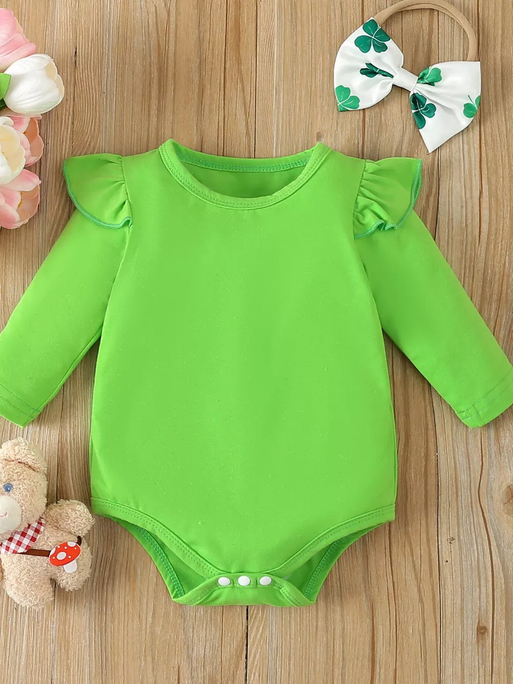 Children's Ruffled Long Sleeve Bodysuit and Overall Dress Set with Headband, image 2
