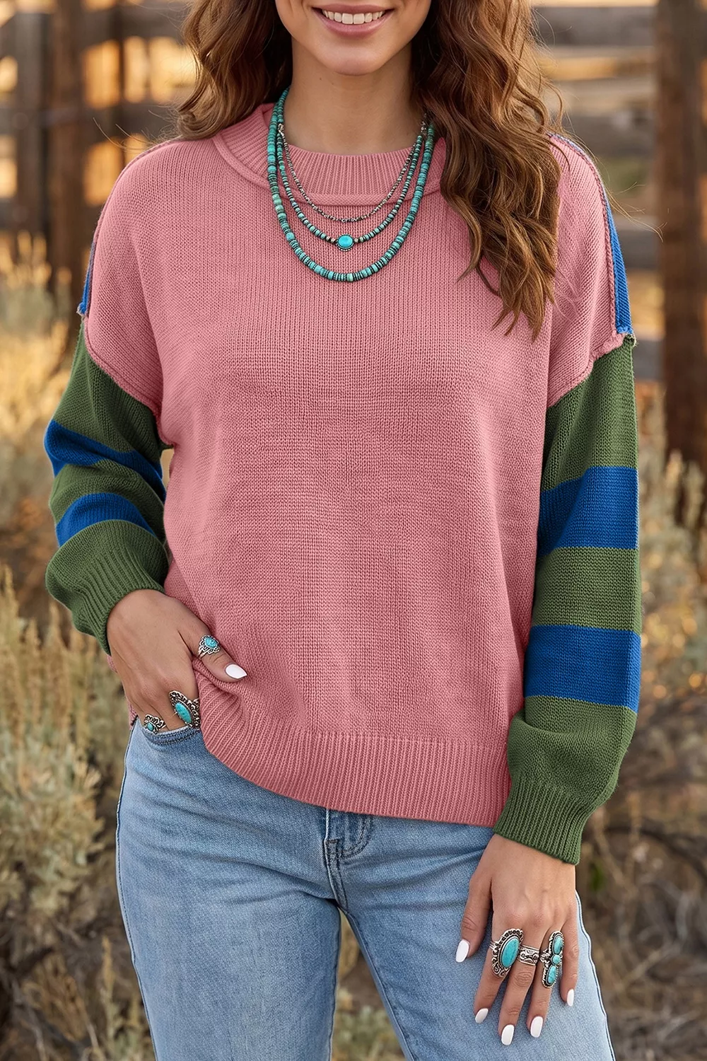 Multicolour Western Colorblock Patchwork Striped Long Sleeve Sweater, image 6