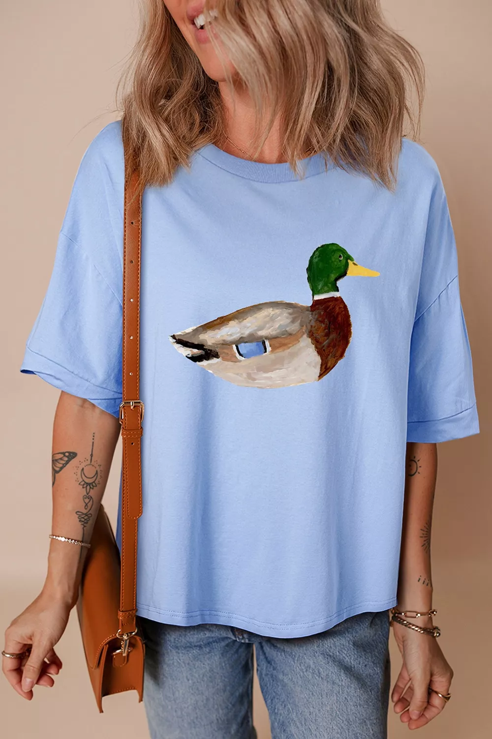 Western Duck Graphic Round Neck Oversized T-Shirt, image 2