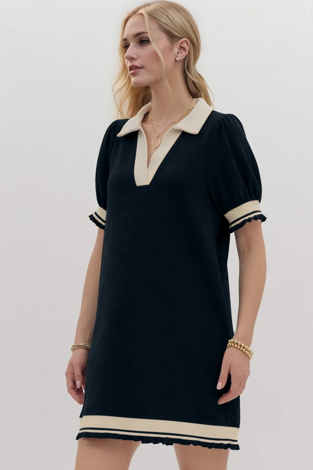 Frill Contrast Trim Jnny Collar Short Sleeve Mini Dress, image 17