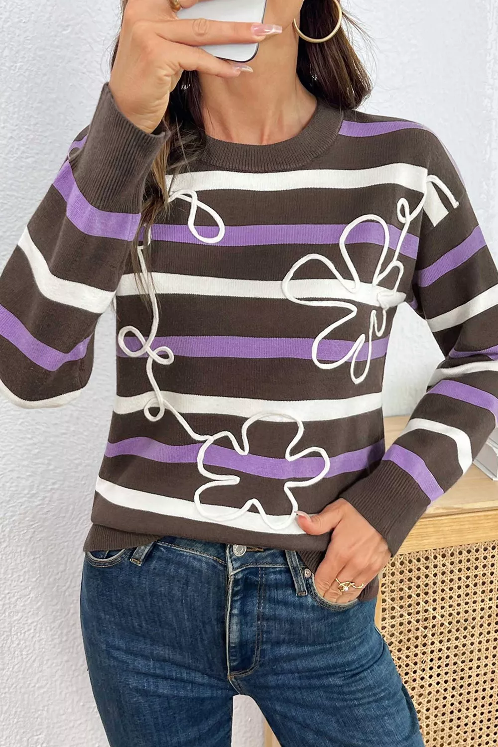 Stripe Embroidered Detail Drop Shoulder Sweater, image 7