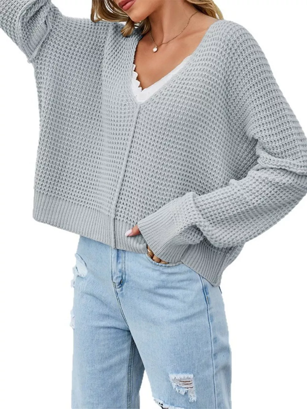 Waffle Knit Dropped Shoulder Sweater, image 3