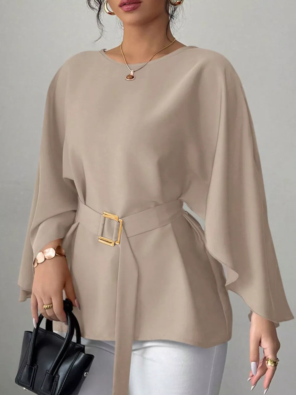 Round Neck Belt Batwing Sleeve Blouse, image 22