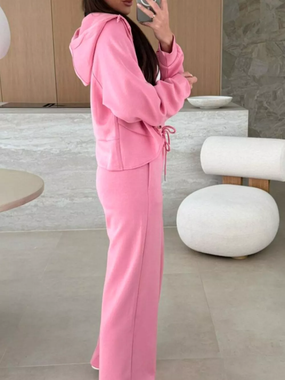 Solid Color Zip Up Hoodie Drawstring Loose Pants Set, image 7