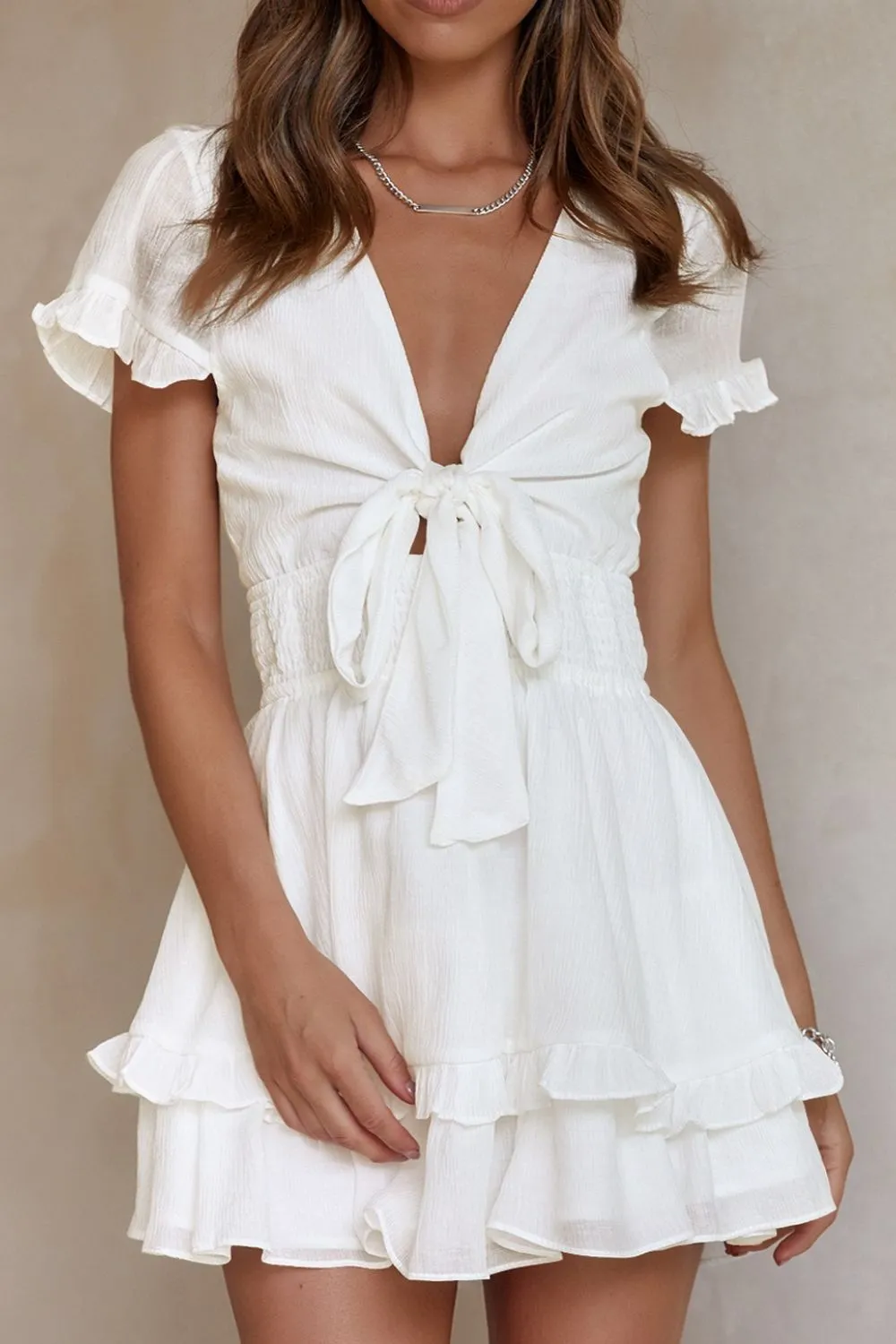 Tie-Front Mini Dress with Smocked Waist, image 2