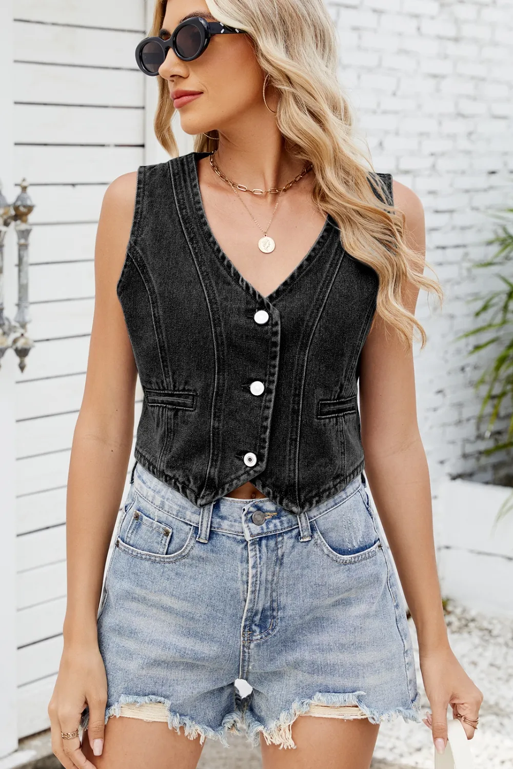 Button Down V-Neck Denim Vest, image 9