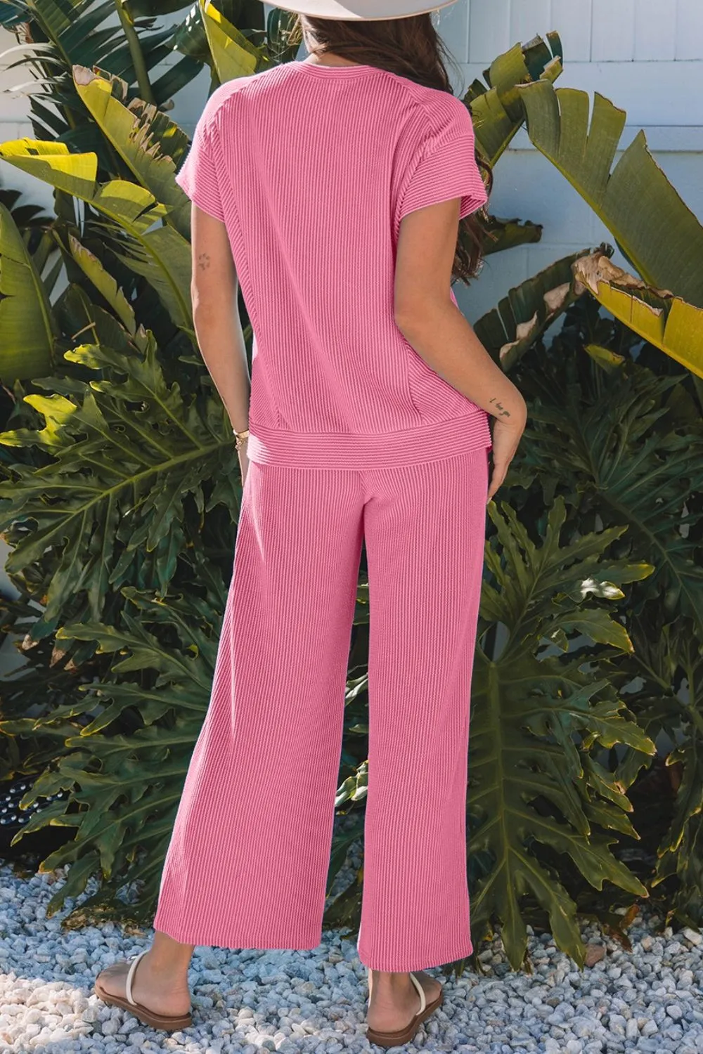 Corded Knit Short Sleeve T-Shirt and Wide Leg Pants Set, image 14