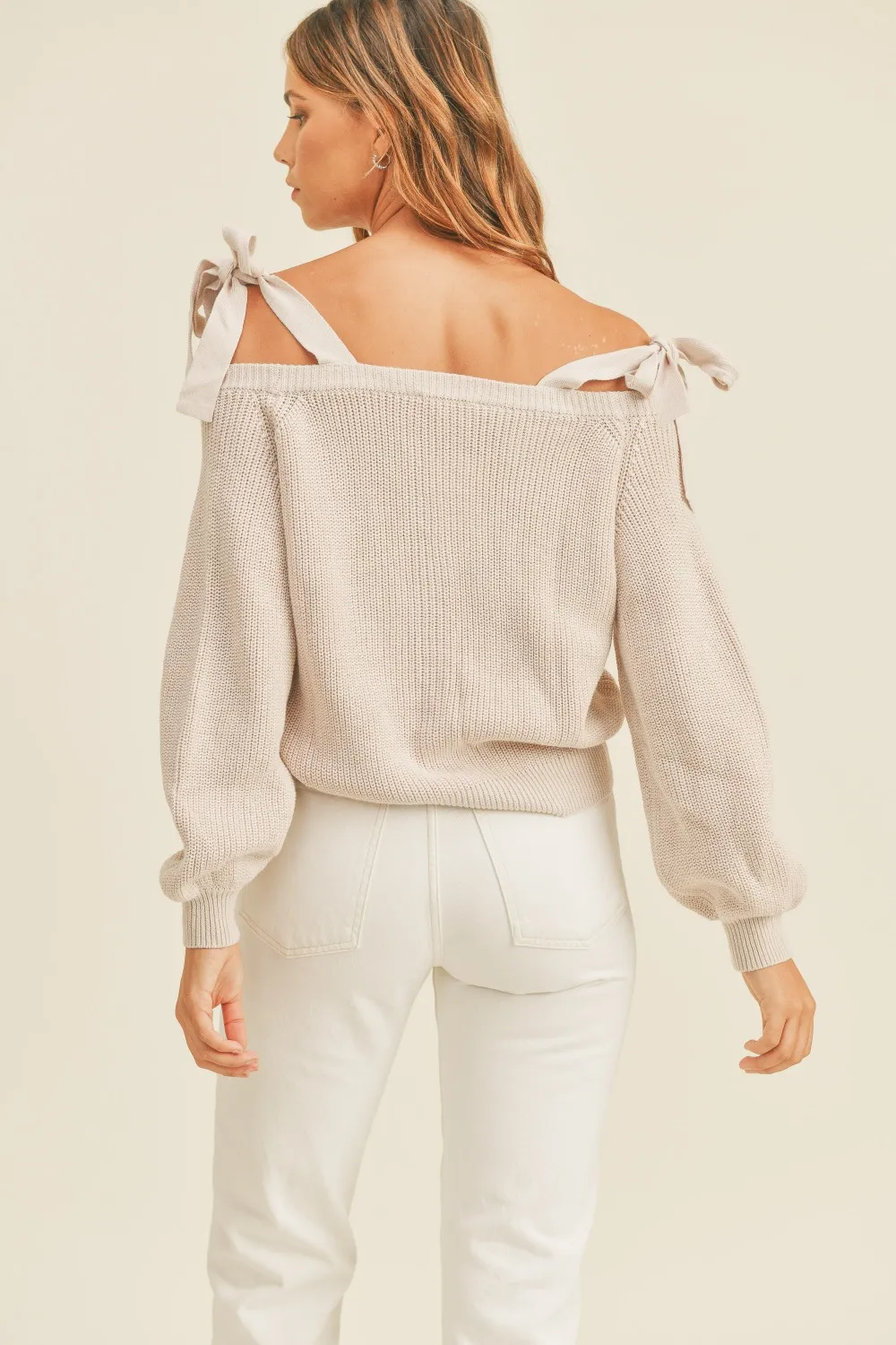 Off Shoulder Self Tie Strap Button Down Sweater, image 2