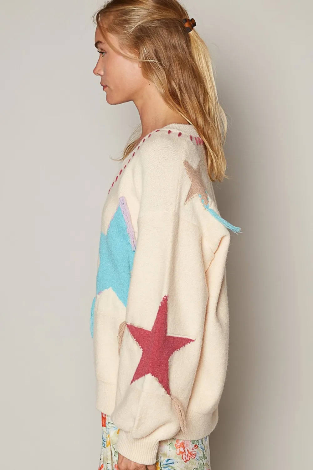 V-Neck Long Sleeve Star Fringe Sweater, image 3