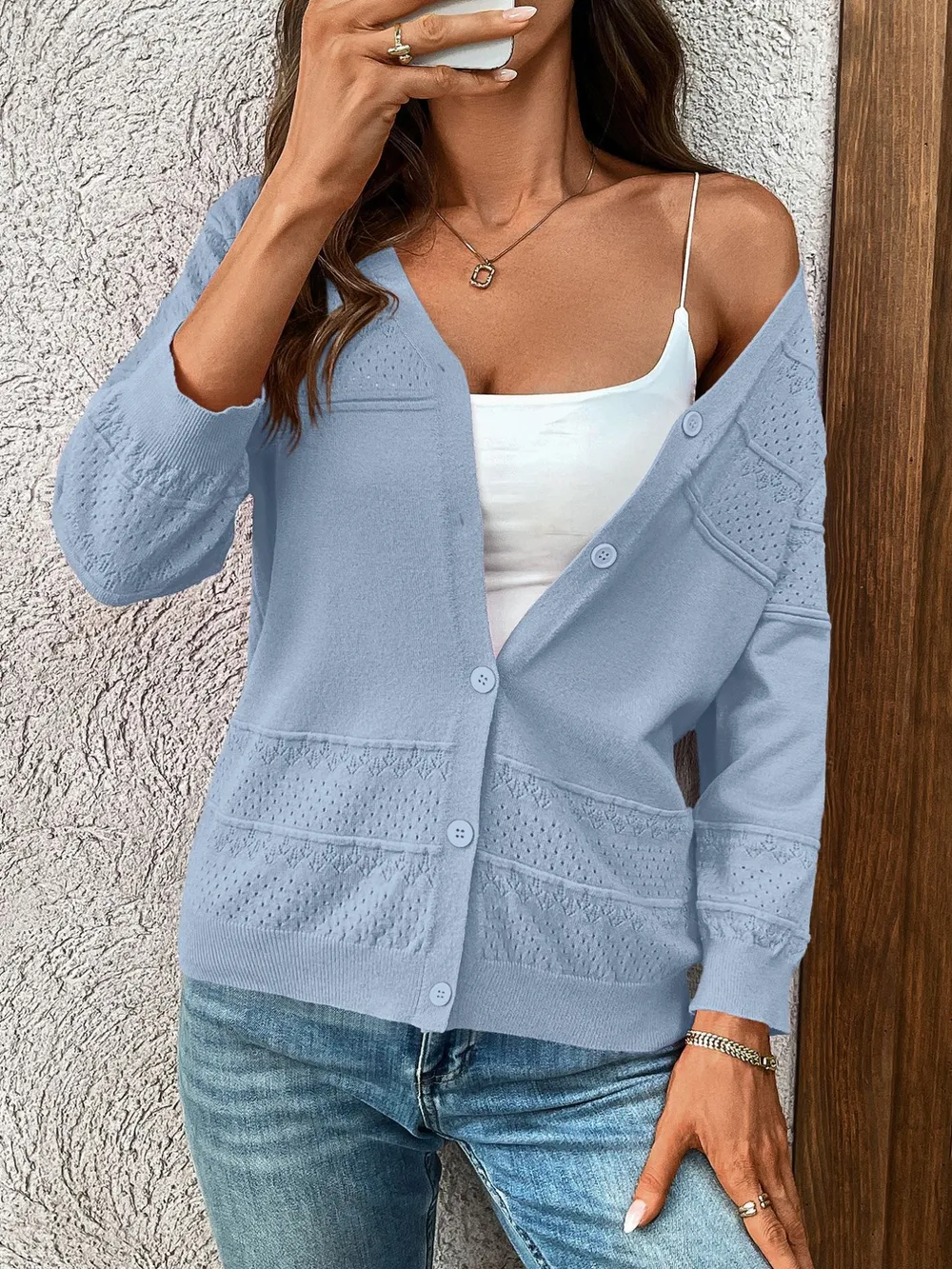 Textured Button-Front Cardigan with 3/4 Sleeves, image 10