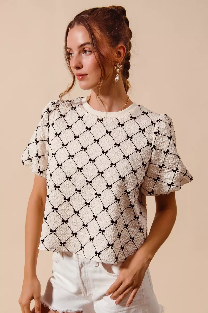 Bow Texture Woven Bubble Sleeve Top, image 2