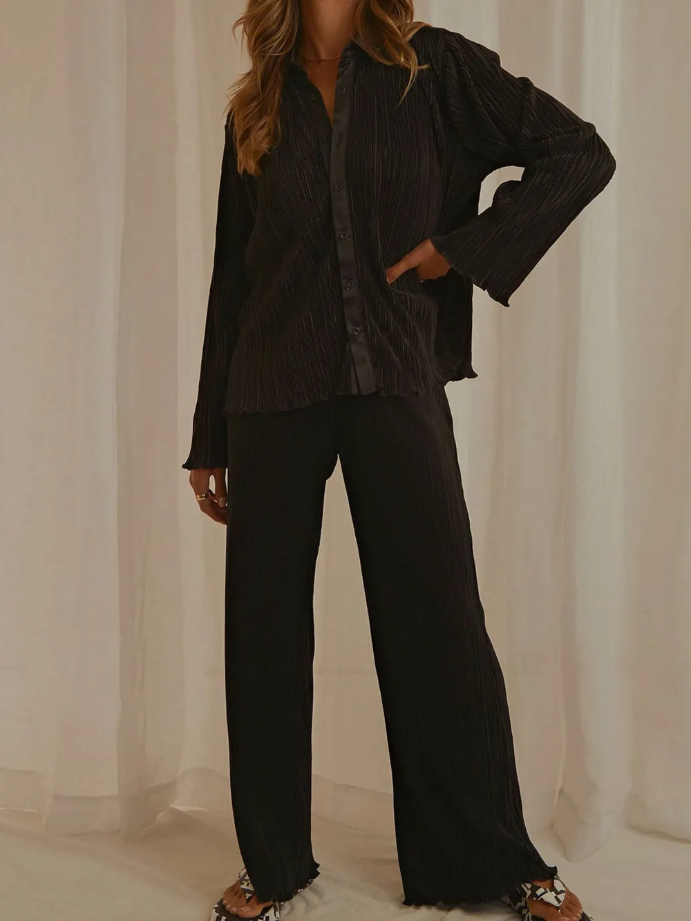 Button Up Long Sleeve Top and Pants Set