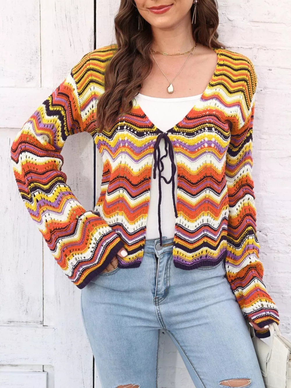 Vibrant Chevron Striped Tie-Front Knit Cardigan, image 4
