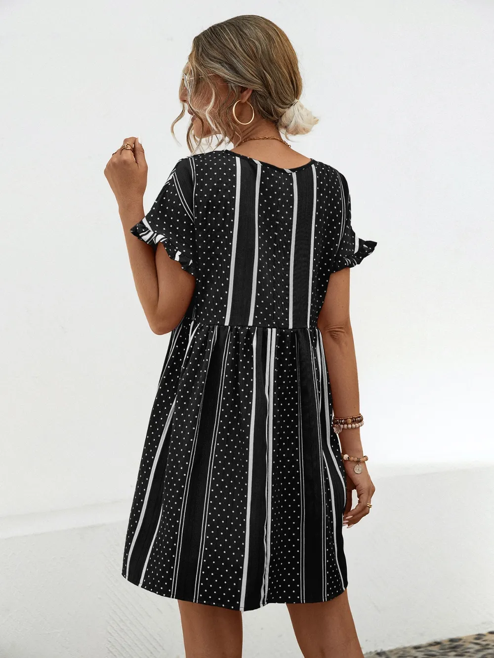 Striped Polka Dot Frill Short Sleeve Mini Dress, image 7