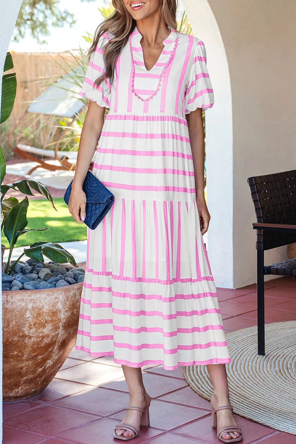 Stripe Ricrac Trim Notched Neck Half Sleeve Dress, image 3