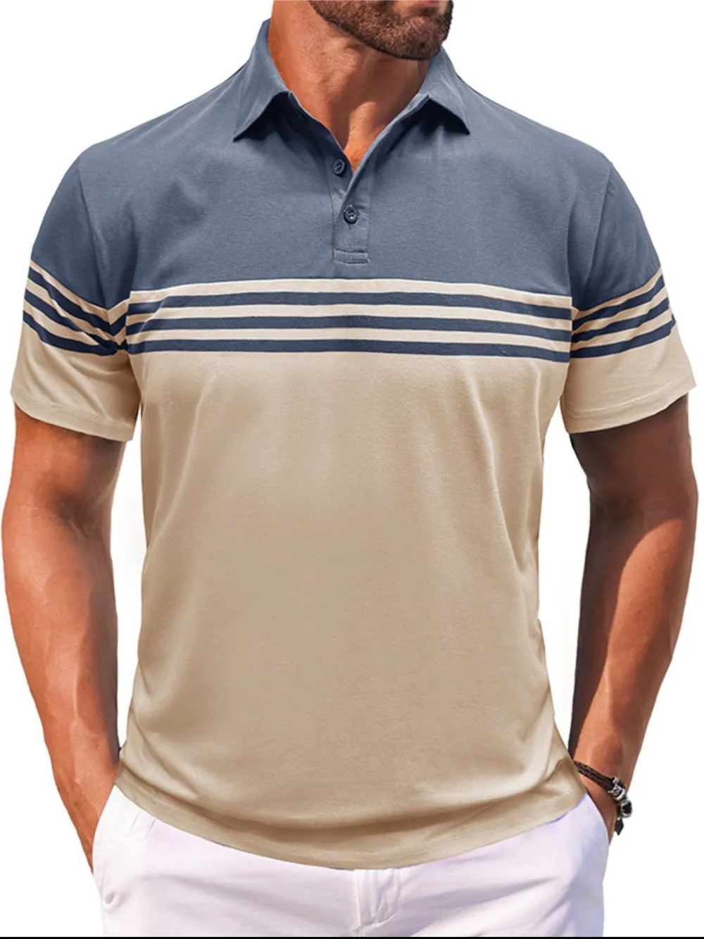 Men's Full Size Color Block Striped Polo Shirt Plus Size, image 8