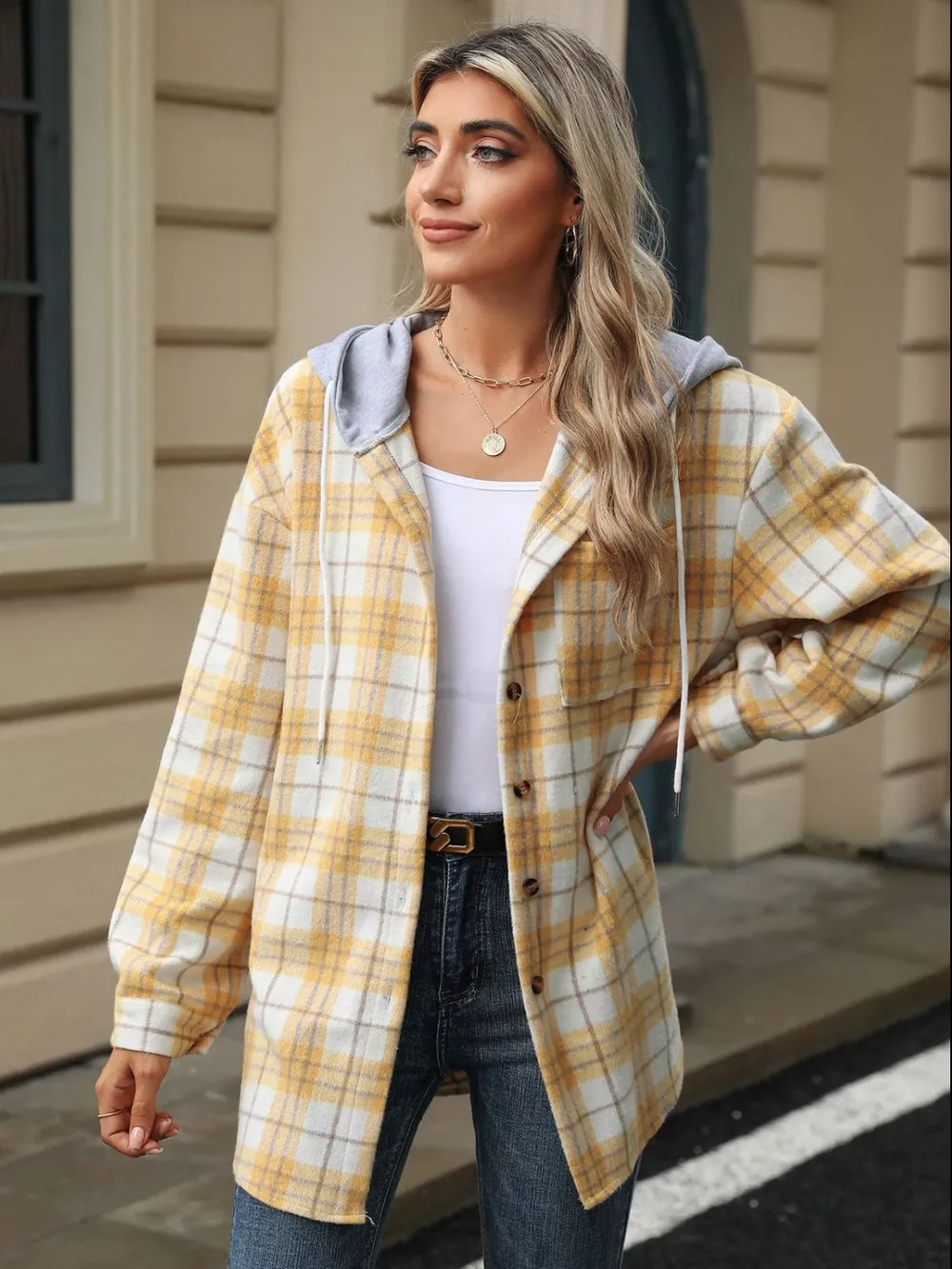 Drawstring Plaid Button Up Hooded Jacket, image 10