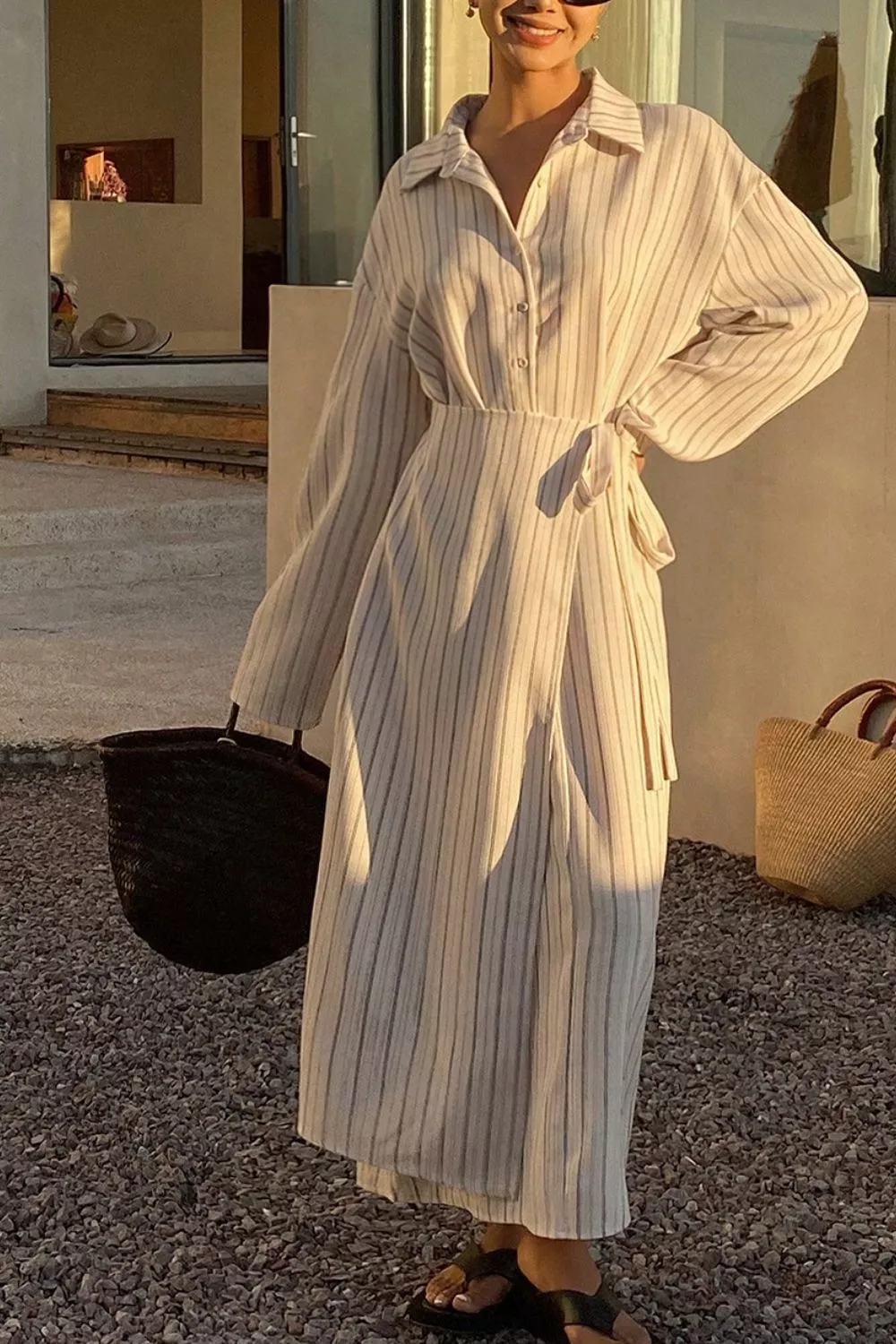 Striped Button-Down Shirt Dress with Waist Tie, image 4