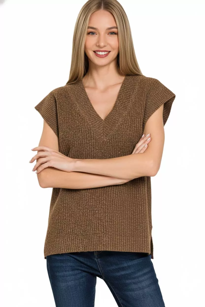 Ribbed Slit V-Neck Sweater Vest, image 3