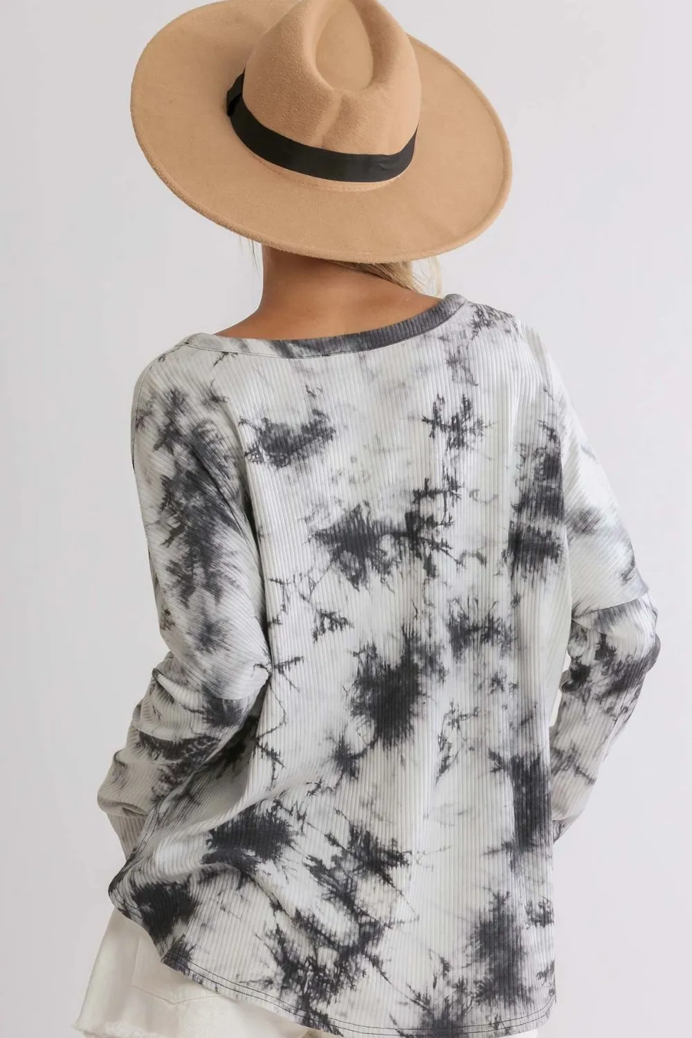 Full Size Tie Dye Round Neck Ribbed Button Front Top Plus Size, image 4