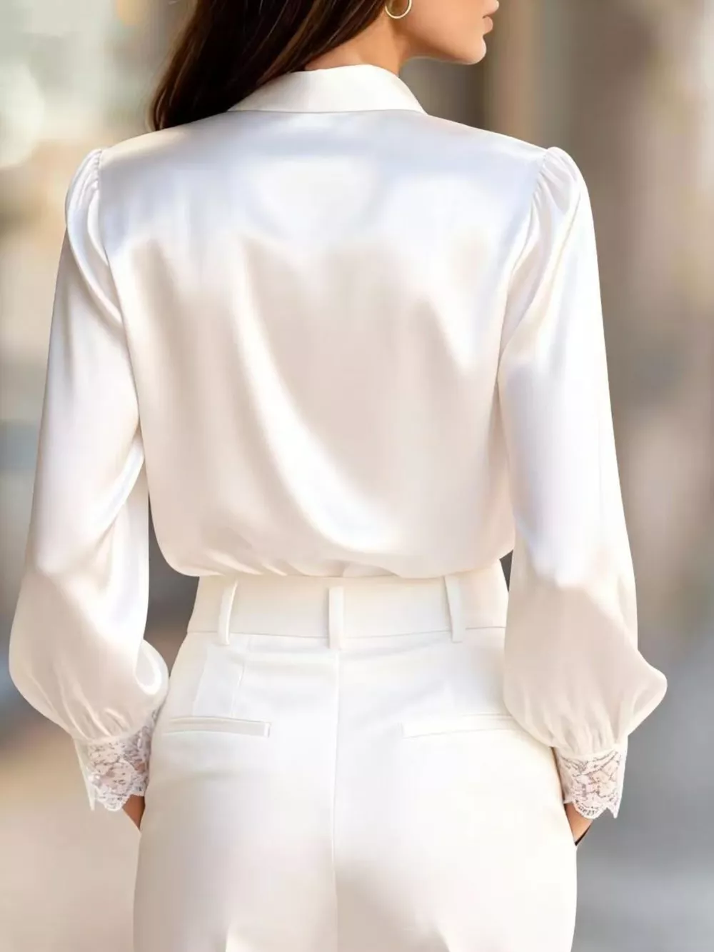 Lace Trim Satin Button Up Shirt, image 3