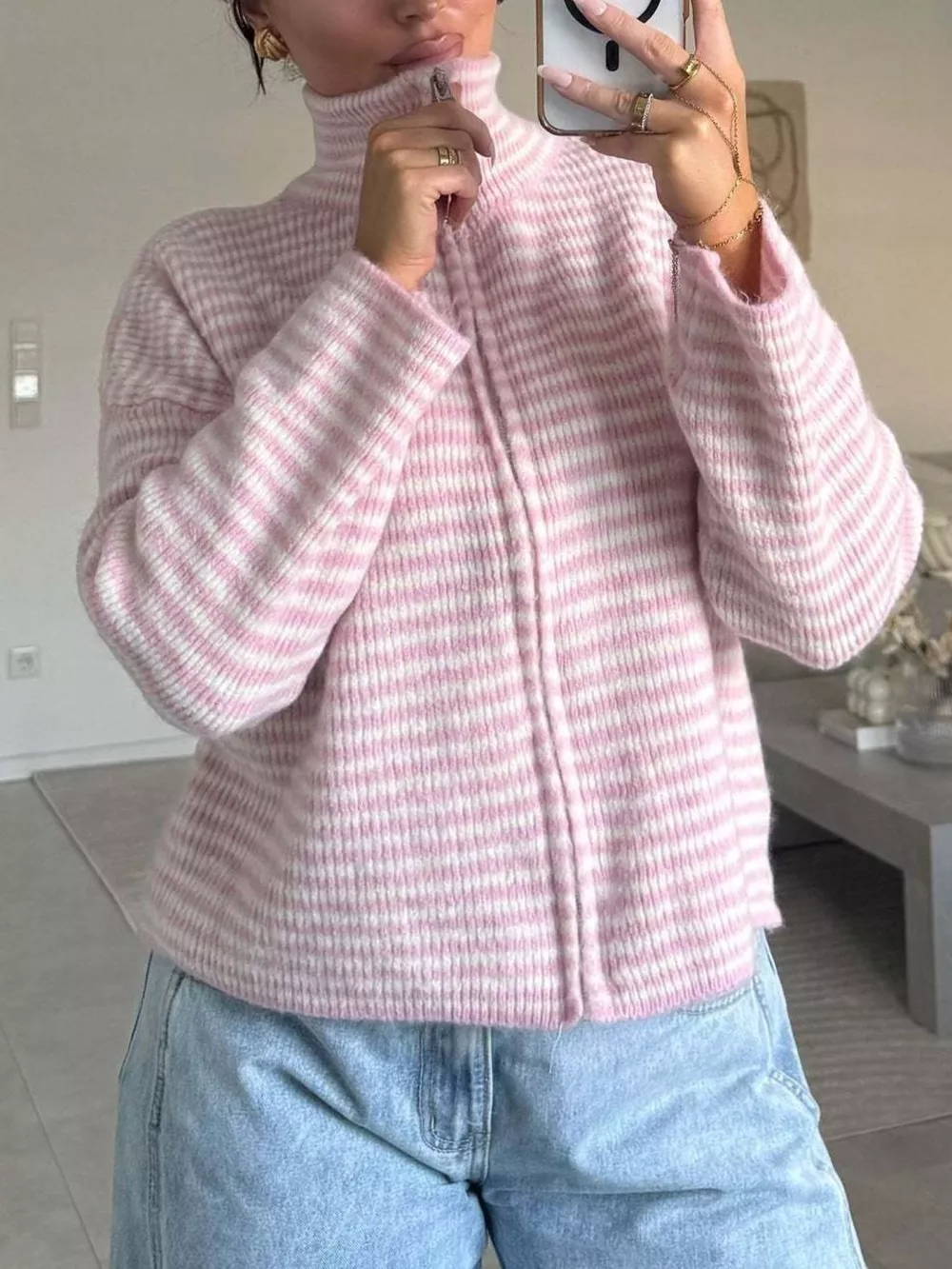 Striped Zip-Up Knit Cardigan, image 13