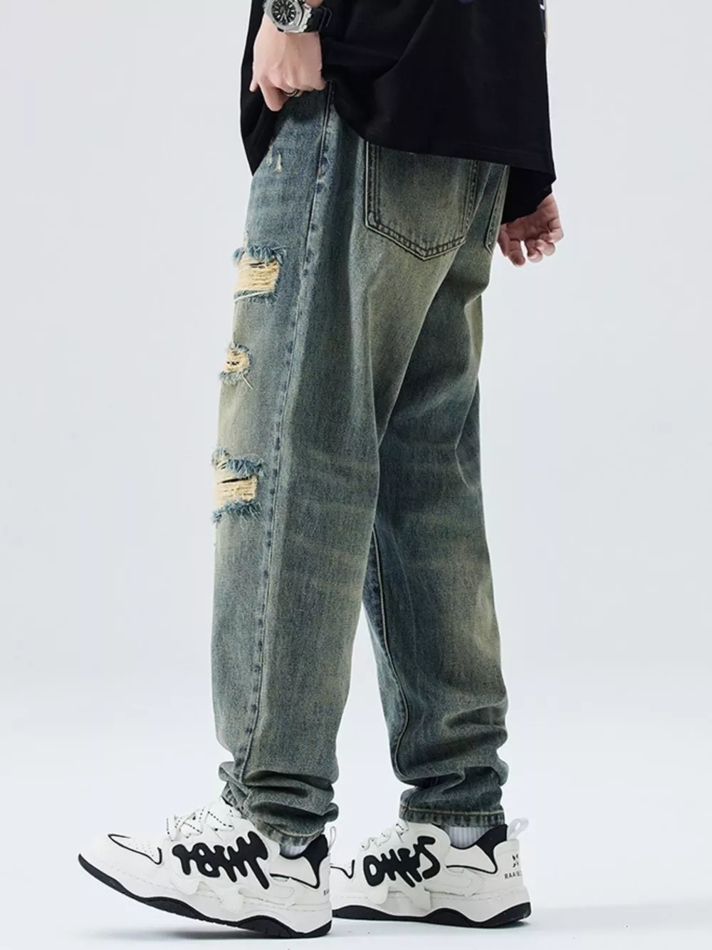 Men's Distressed Wide Leg Relaxed Fit Jeans, image 4