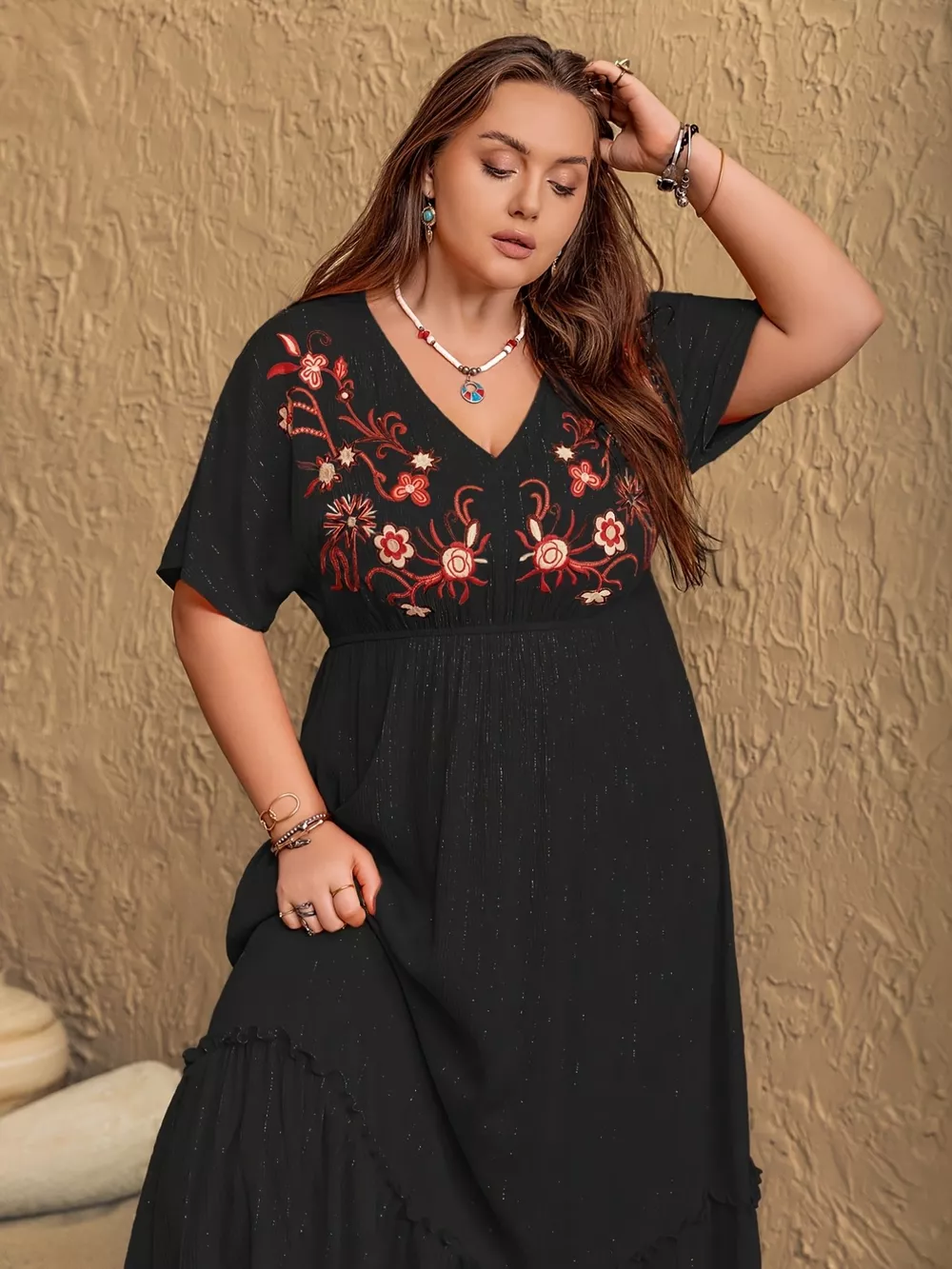 Plus Size Embroidered V-Neck Maxi Dress, image 2