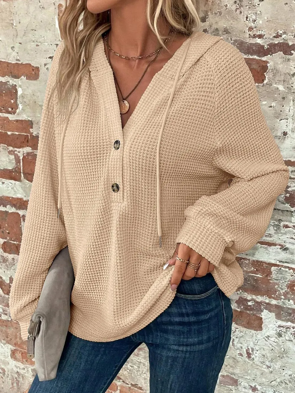 Waffle Knit Long Sleeve Drawstring Hooded Top, image 23