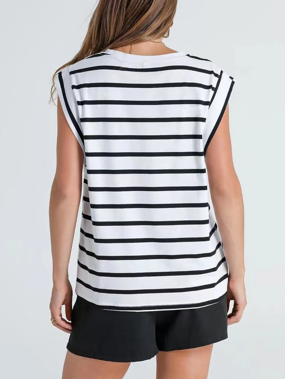 Striped Round Neck Cap Sleeve T-Shirt, image 15