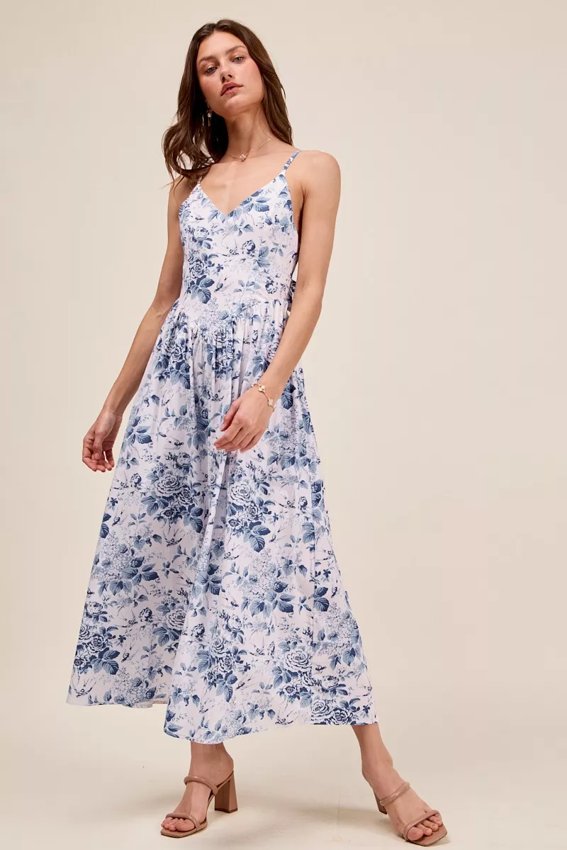 Floral Woven V Neck Dress With Back Ribbon Tie, image 3
