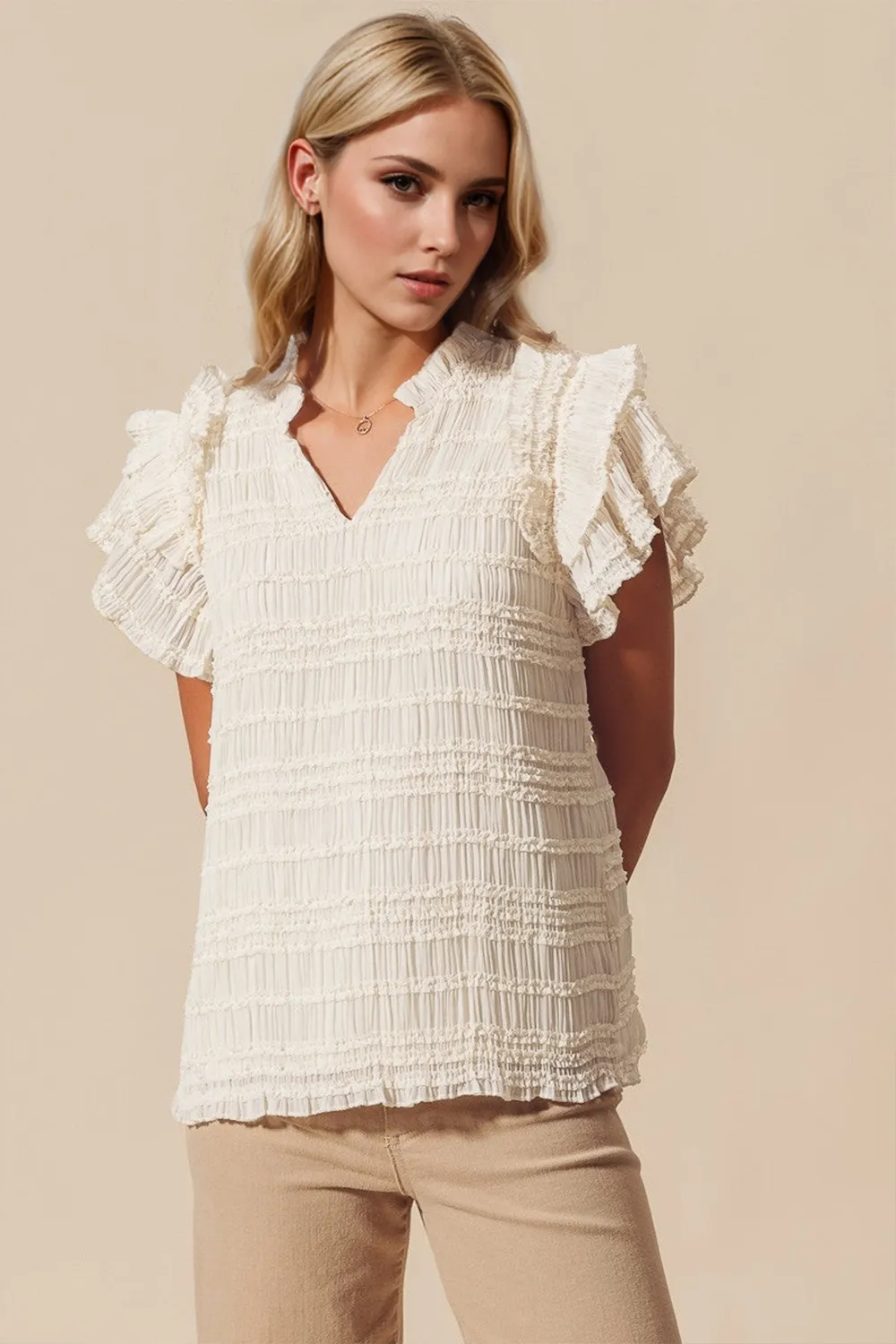Full Size Frill Notched Flounce Sleeve Blouse, image 2