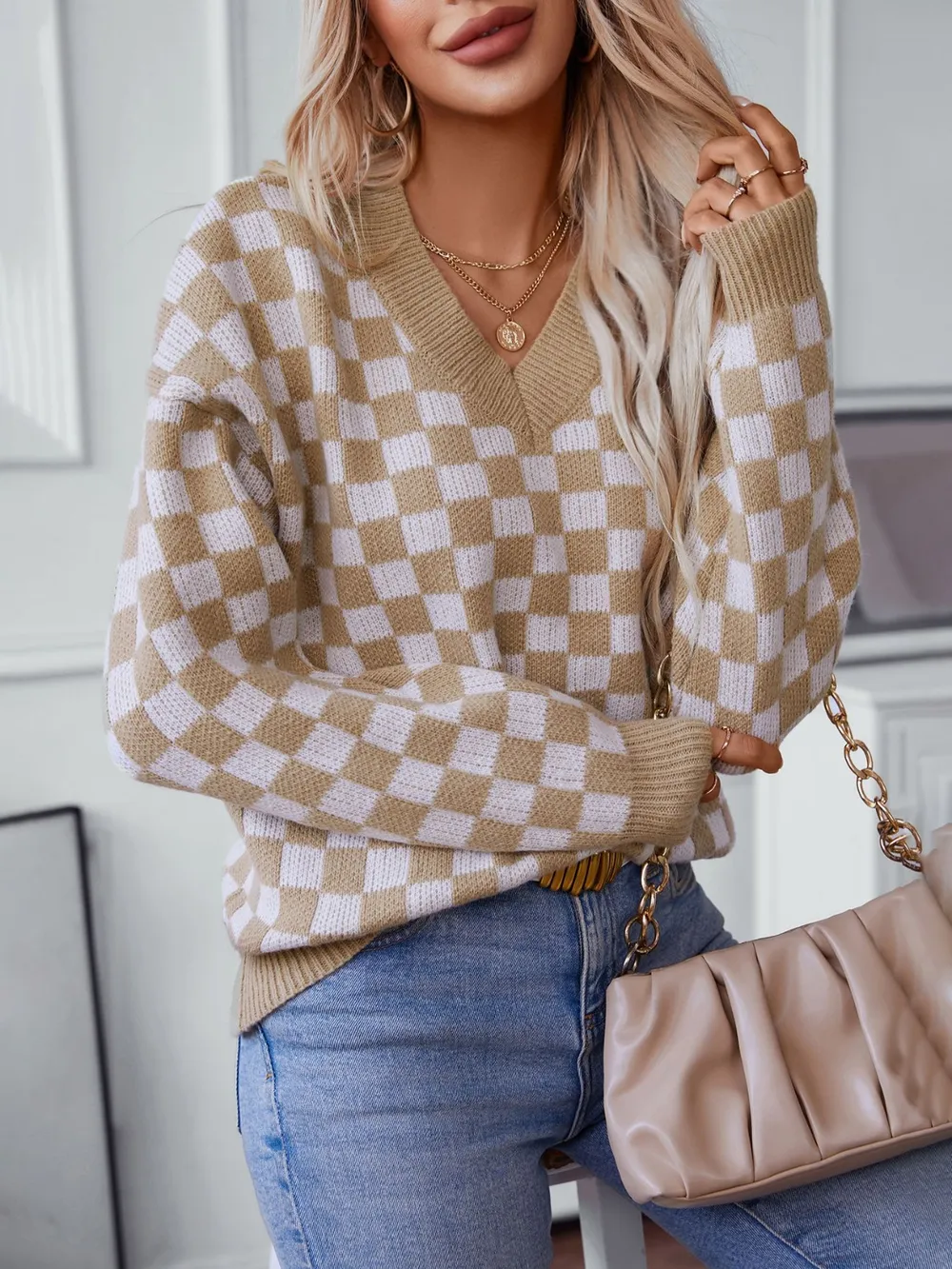 Checkered V-Neck Dropped Shoulder Sweater, image 4