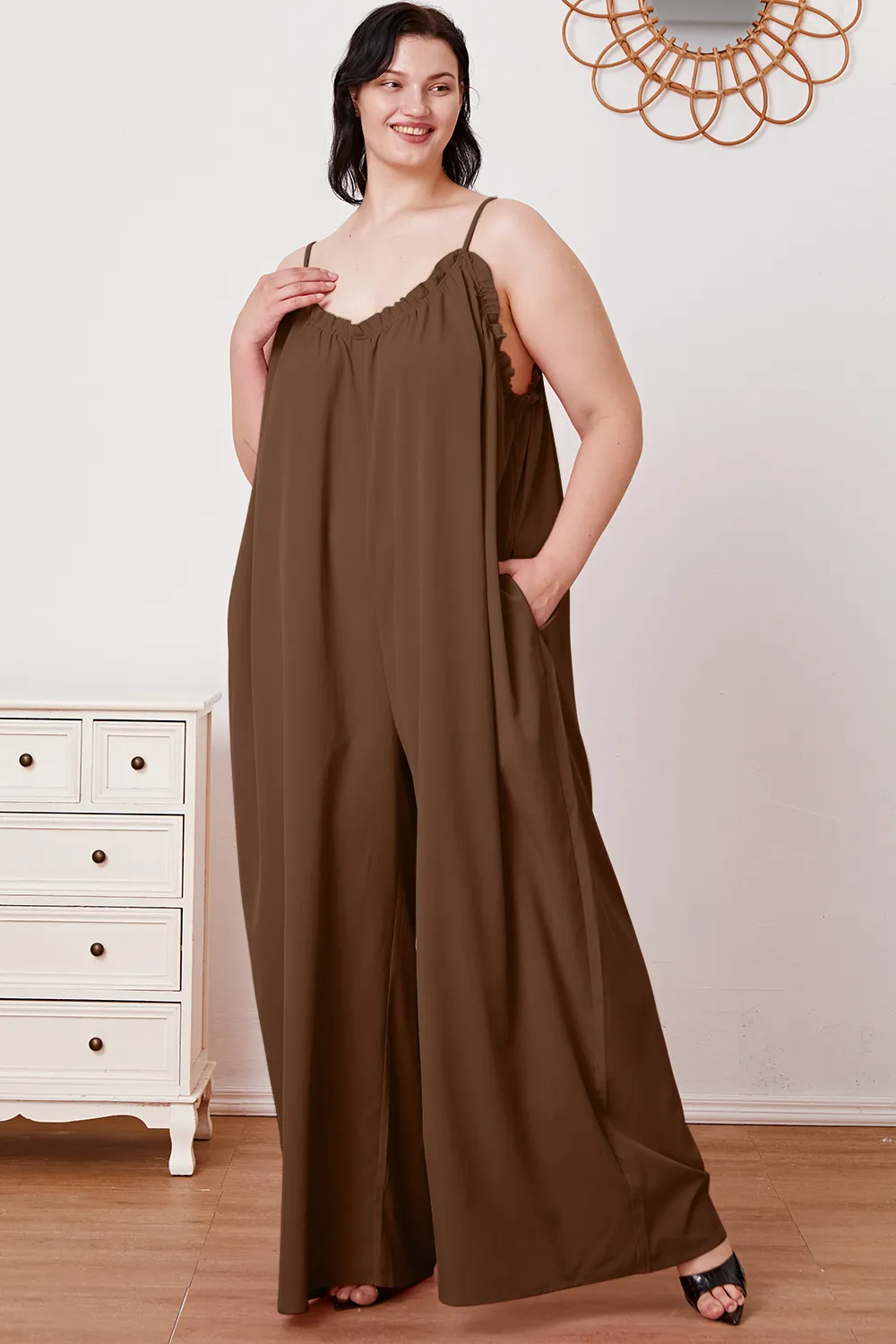 Full Size Ruffle Trim Tie Back Cami Jumpsuit with Pockets, image 16