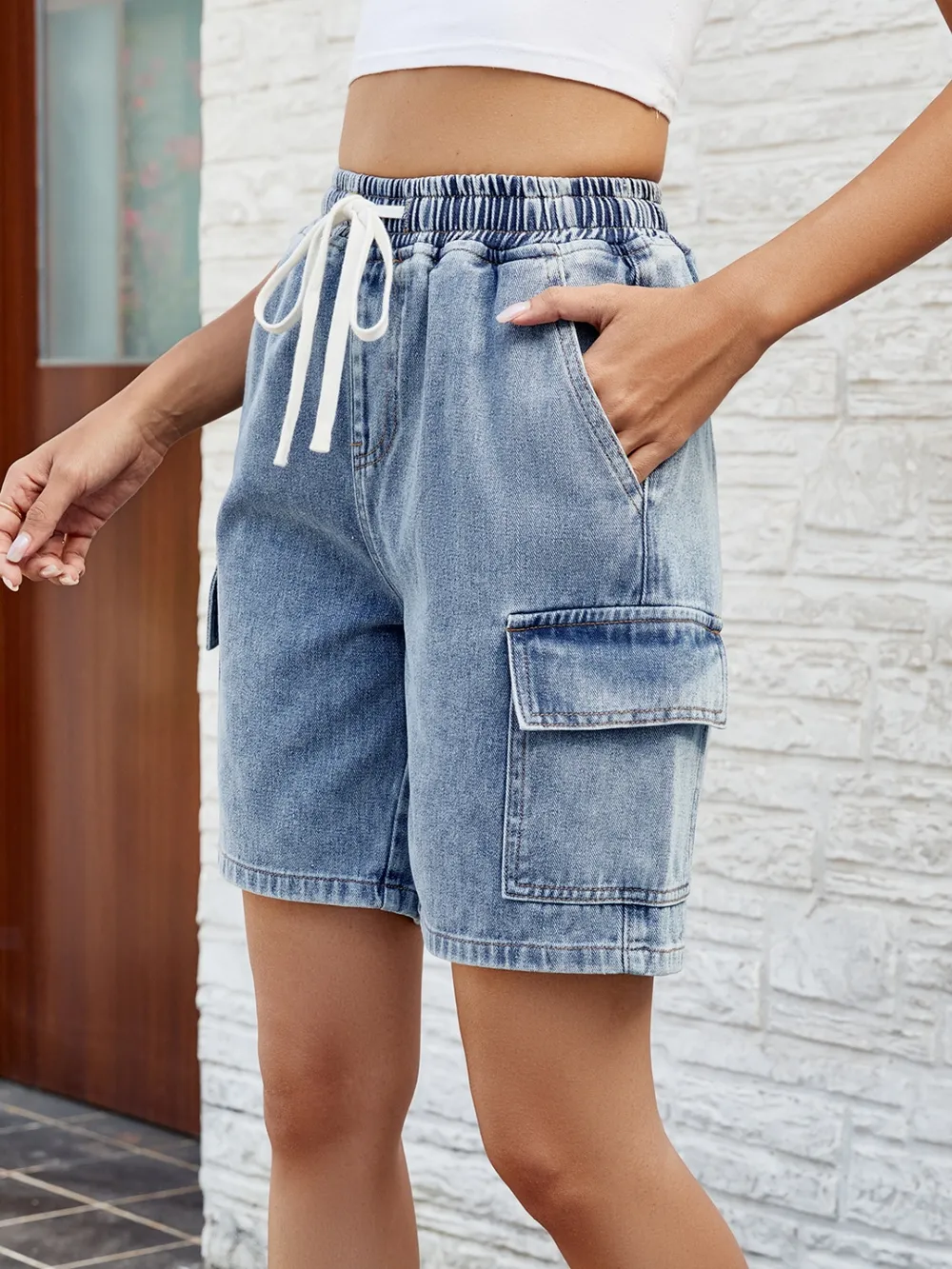 Drawstring Denim Shorts with Pockets, image 5