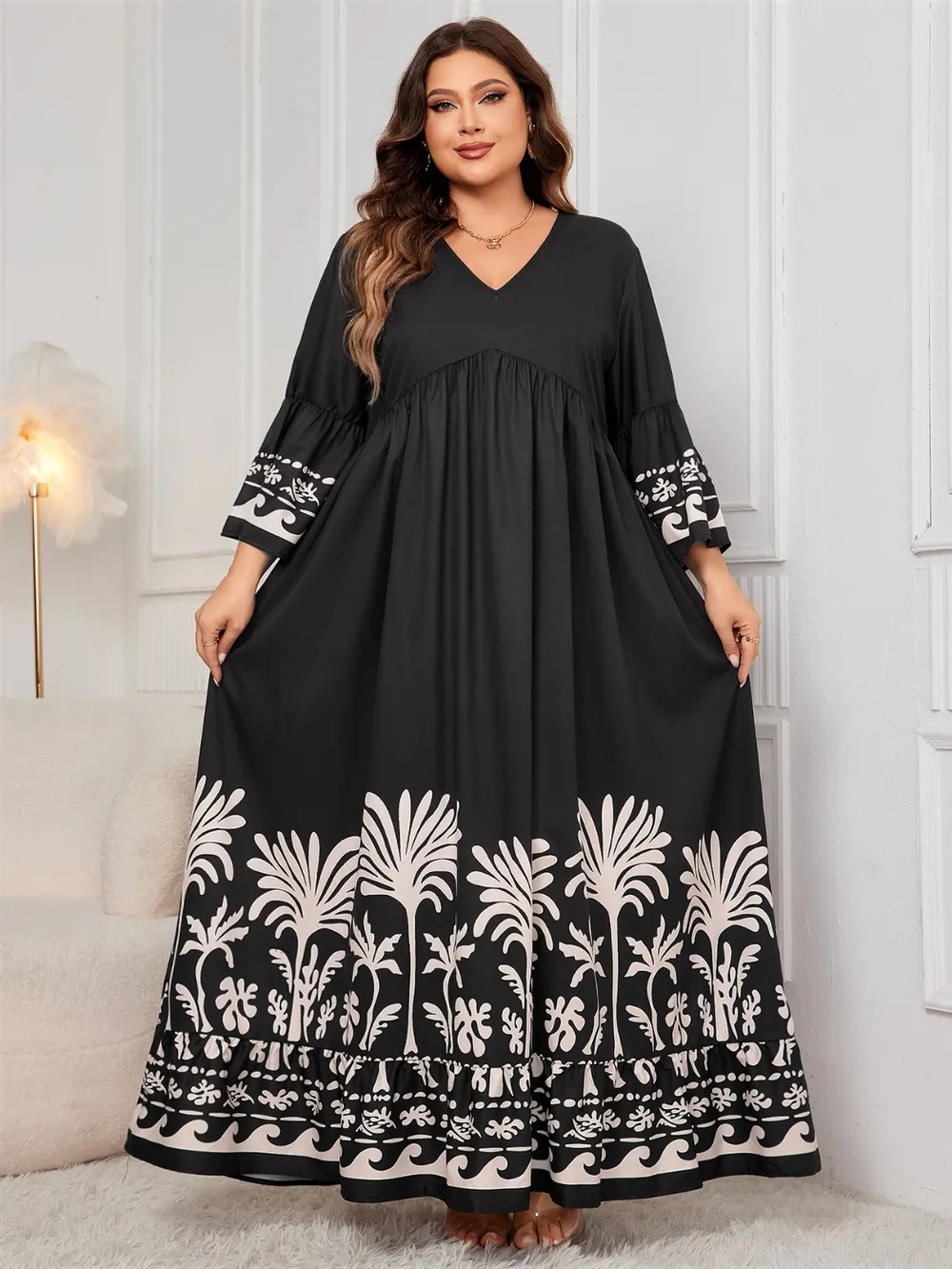 Plus Size Printed V-Neck Long Sleeve Maxi Dress, image 4
