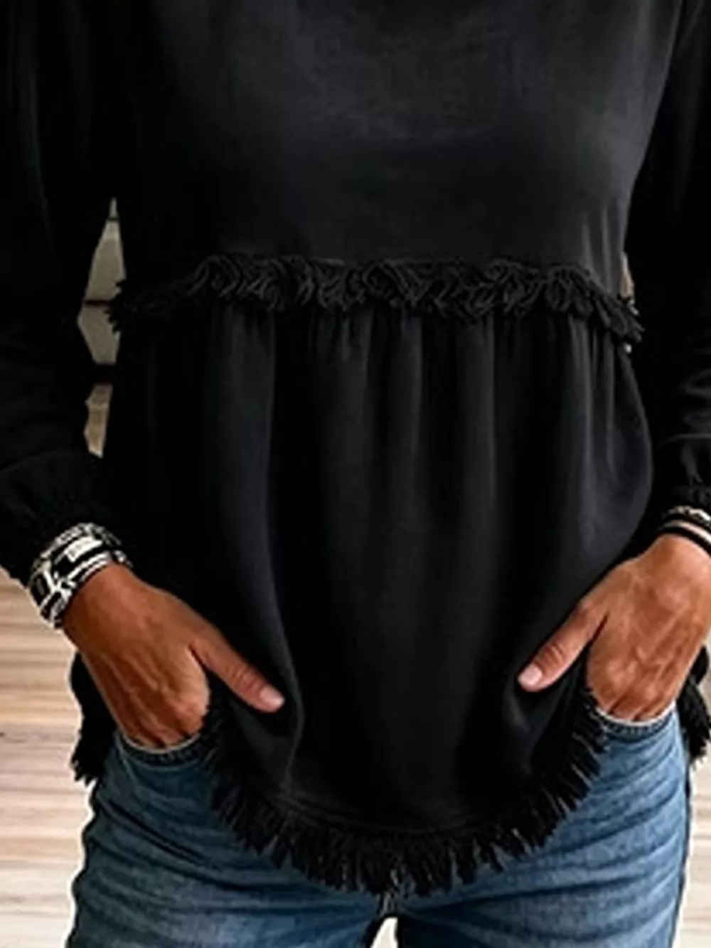 Velvet Fringe Long Sleeve Blouse, image 6