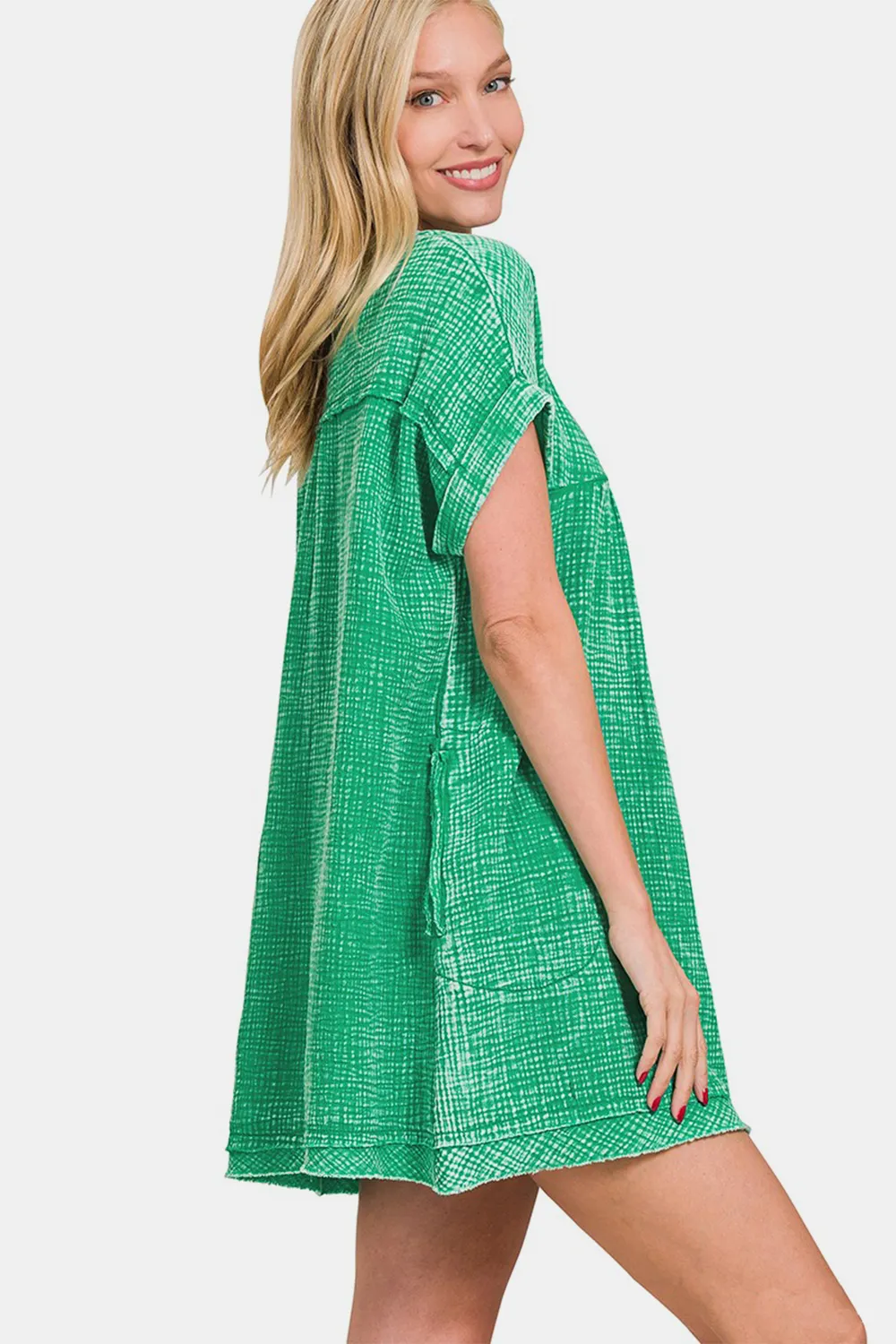 Washed Notched Short Sleeve Mini Dress, image 3