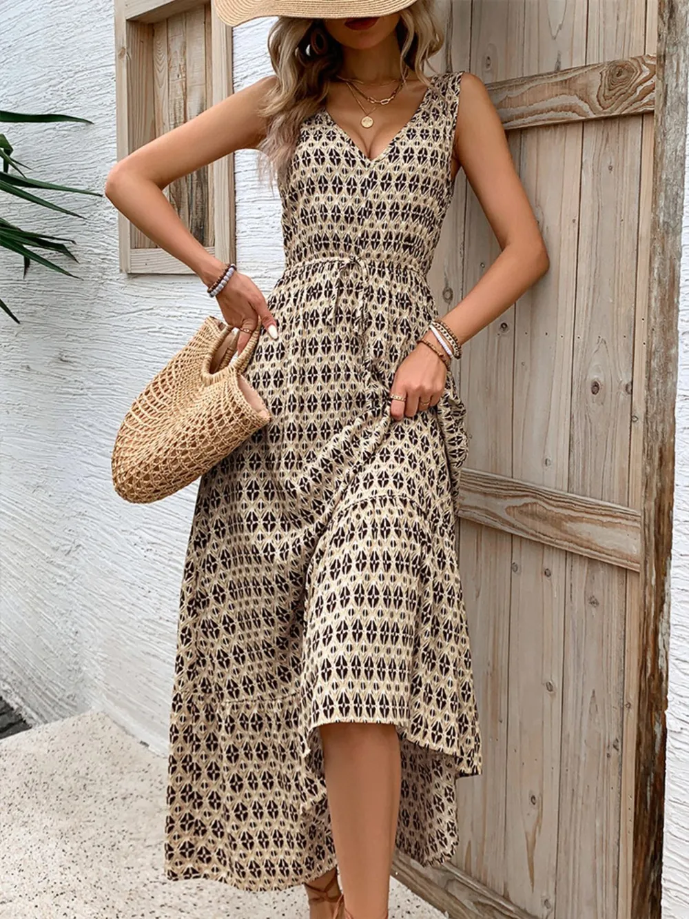 Printed V-Neck Tie Waist Midi Dress, image 12
