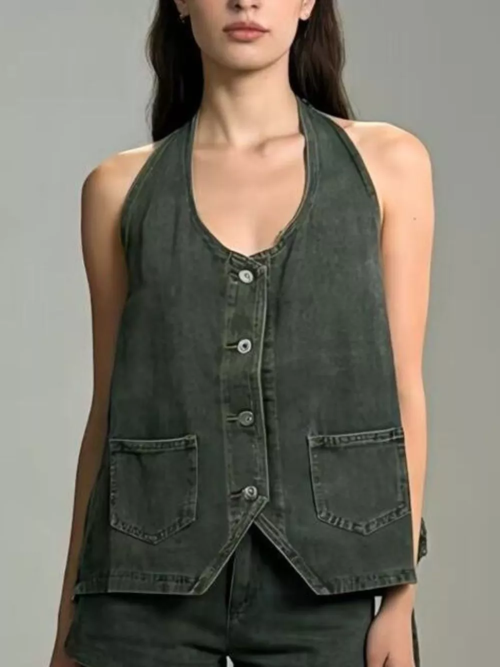 Halter Neck Button-Down Denim Vest, image 11
