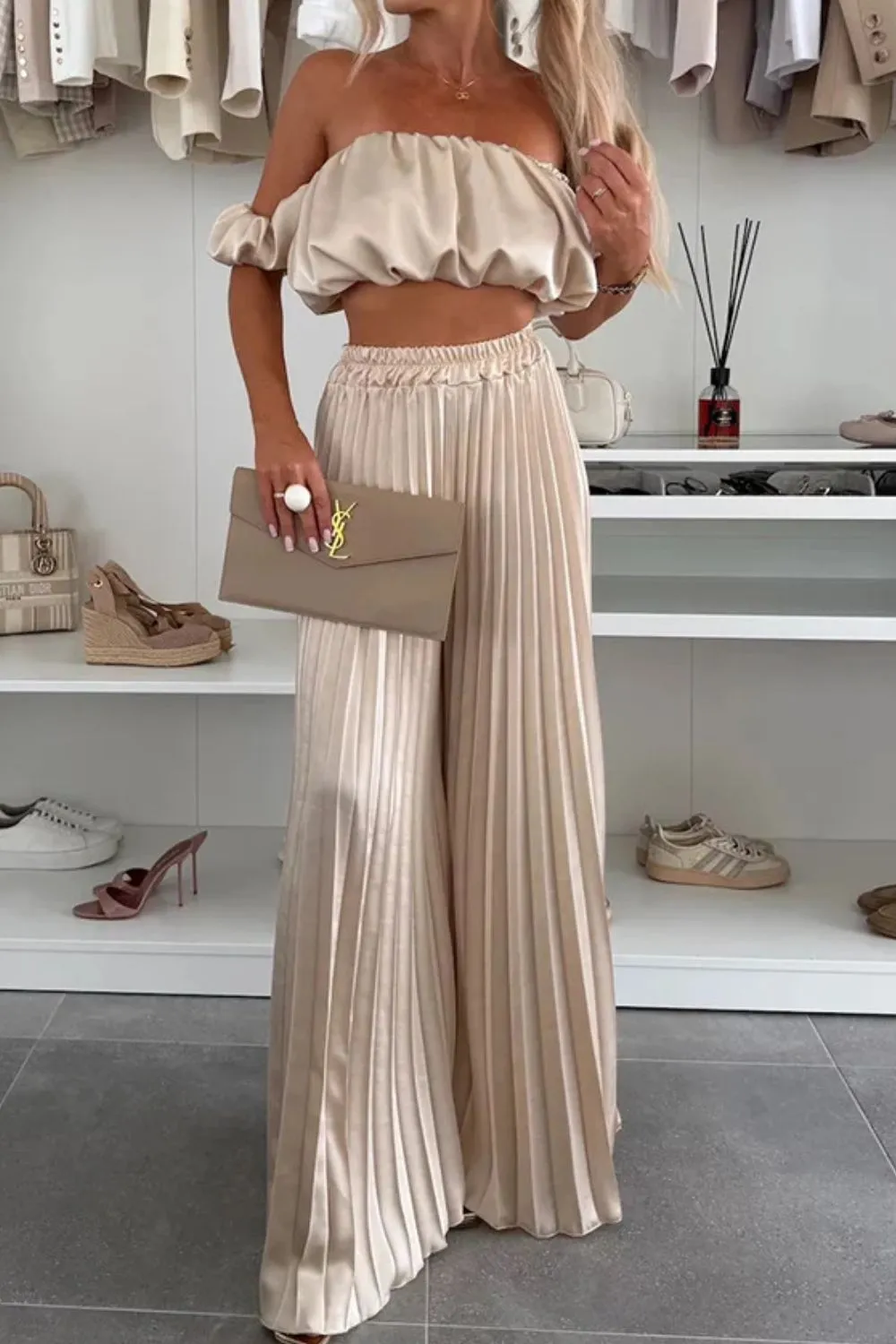 Off-Shoulder Top and Pleated Pants Set, image 20