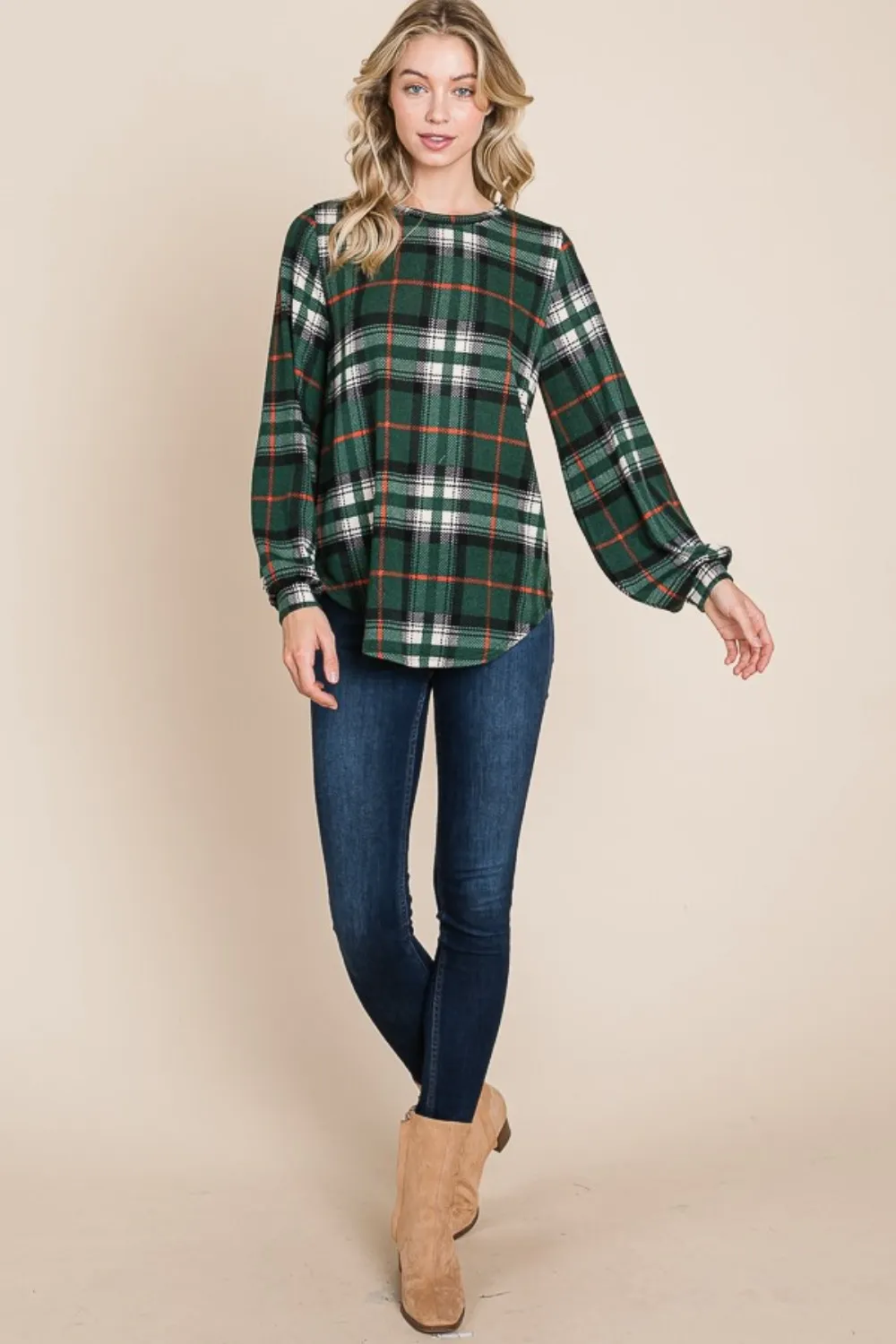 Curved Hem Plaid Round Neck Long Sleeve Top, image 5