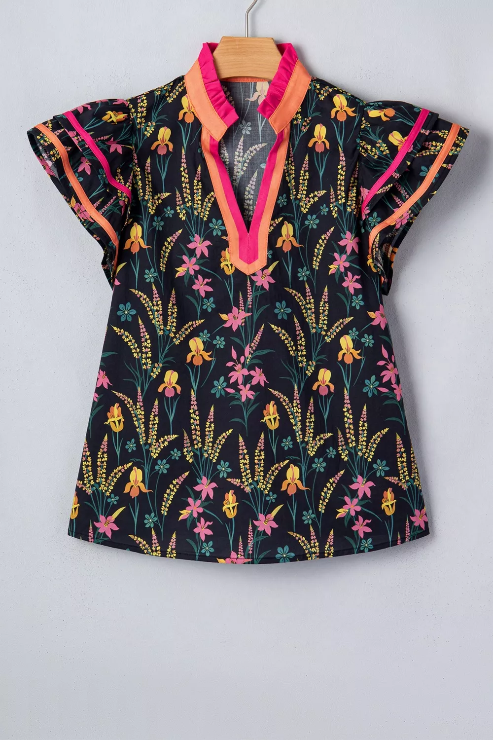 Floral Print Contrast Trim Tiered Ruffled Short Sleeve Blouse, image 4