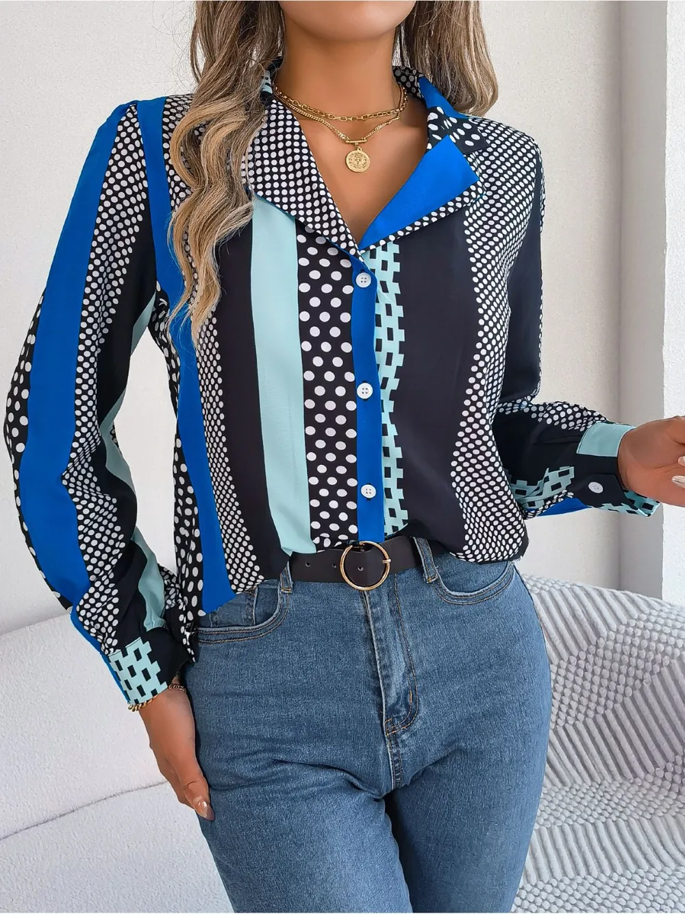 Polka Dot Contrast Long Sleeve Shirt, image 3