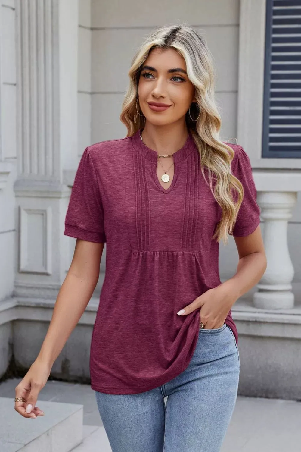 Notched Short Sleeve Solid Color Top, image 8