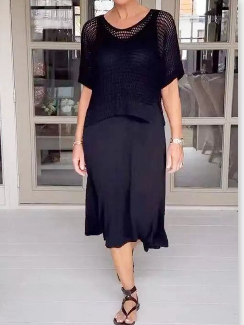 Full Size Openwork Knit Cover Up and Dress Set Plus Size