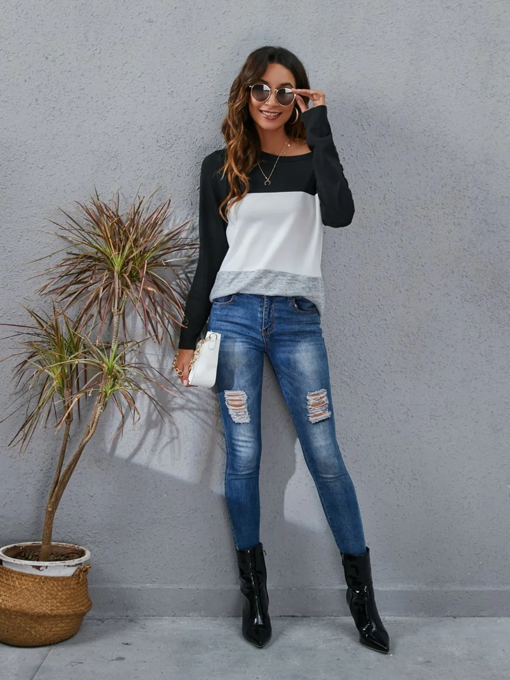 Color Block Round Neck Long Sleeve T-Shirt, image 7