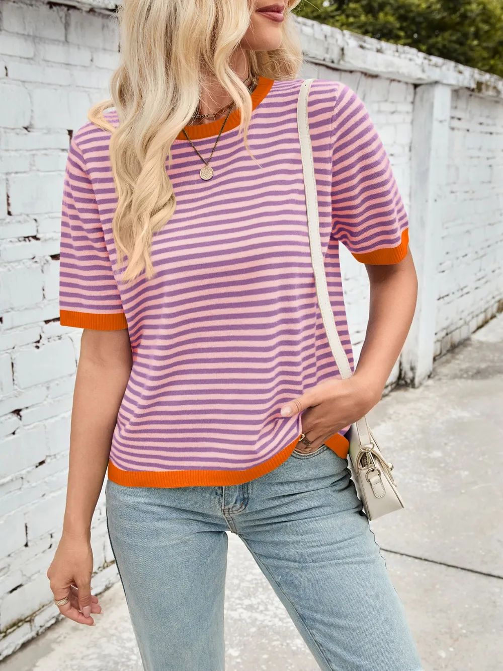 Striped Contrast Round Neck Half Sleeve Knit Top, image 14