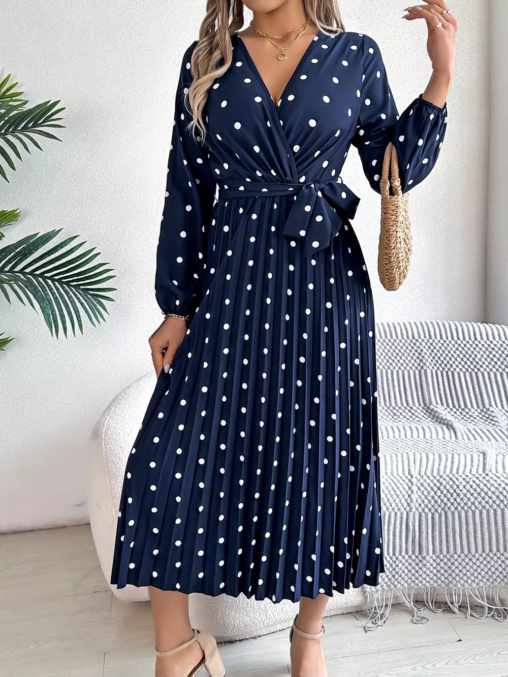 Front Tie Polka Dot Midi Pleated Dress, image 25