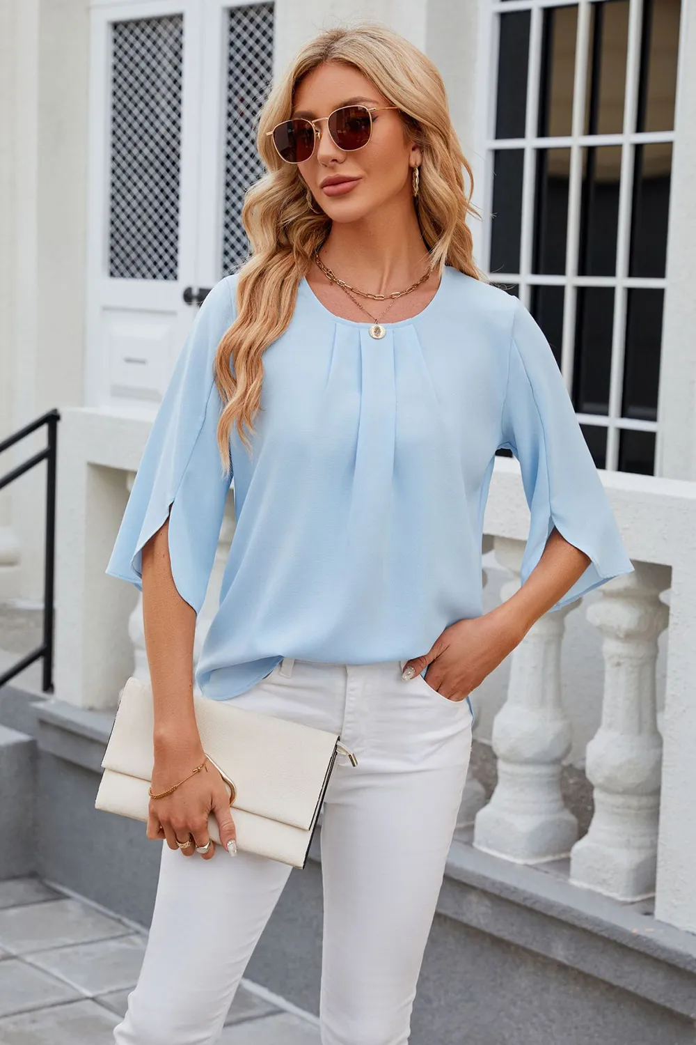 Round Neck Slit Half Sleeve Top, image 10